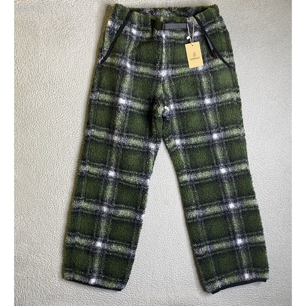 Gramicci Sherpa Pants Mens Medium 30x29 Green Shadow Plaid Belted Fleece NWT